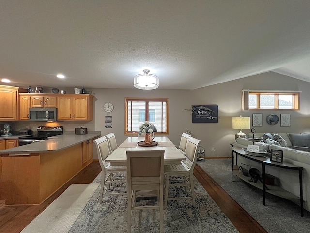 1209 23rd St SE, Willmar, MN 56201 - dining room with wood finished floors, recessed lighting, vaulted ceiling, and baseboards