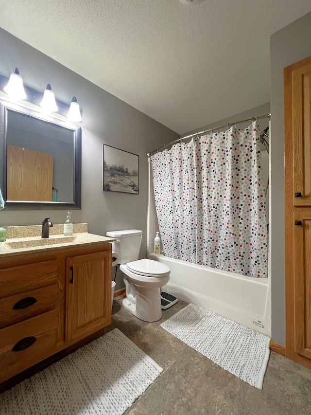 1209 23rd St SE, Willmar, MN 56201 - bathroom featuring vanity, toilet, shower / bath combo with shower curtain, and a textured ceiling