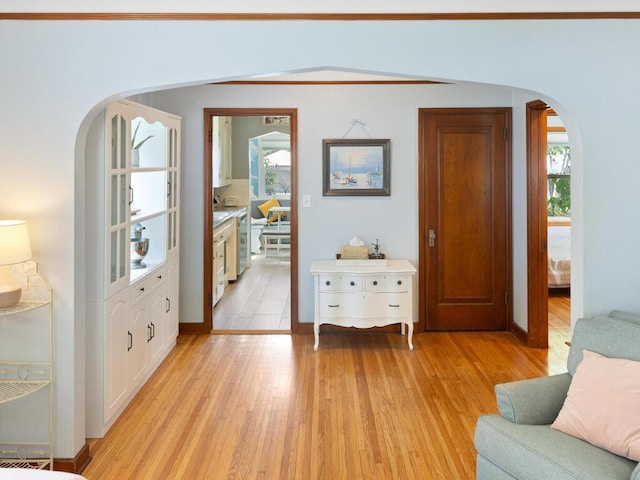 1033 Hall Ave W, Saint Paul, MN 55118 - living area with arched walkways, light wood-style floors, and baseboards