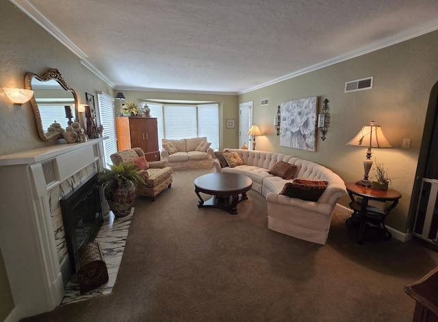620 5th Ave SE, Pipestone, MN 56164 - living room with crown molding, carpet flooring, a textured ceiling, and a fireplace