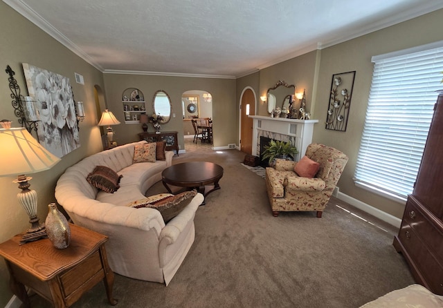 620 5th Ave SE, Pipestone, MN 56164 - living room with arched walkways, carpet flooring, baseboards, ornamental molding, and a tiled fireplace