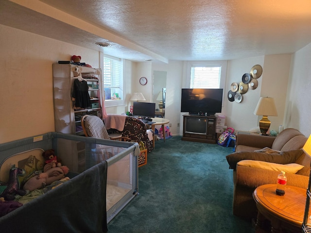 620 5th Ave SE, Pipestone, MN 56164 - carpeted living room featuring a textured ceiling