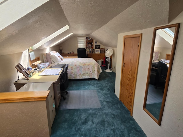 620 5th Ave SE, Pipestone, MN 56164 - bedroom with a textured ceiling, dark colored carpet, lofted ceiling, and a textured wall