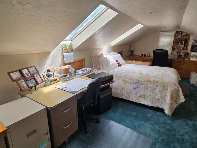620 5th Ave SE, Pipestone, MN 56164 - bedroom featuring a textured ceiling, dark carpet, lofted ceiling, a desk, and a skylight