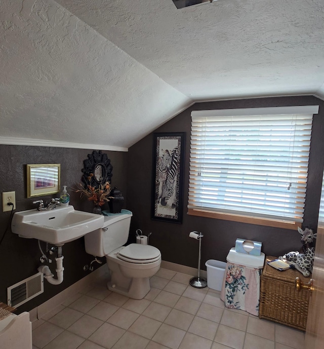 620 5th Ave SE, Pipestone, MN 56164 - bathroom featuring lofted ceiling, toilet, a textured ceiling, tile patterned flooring, and a sink
