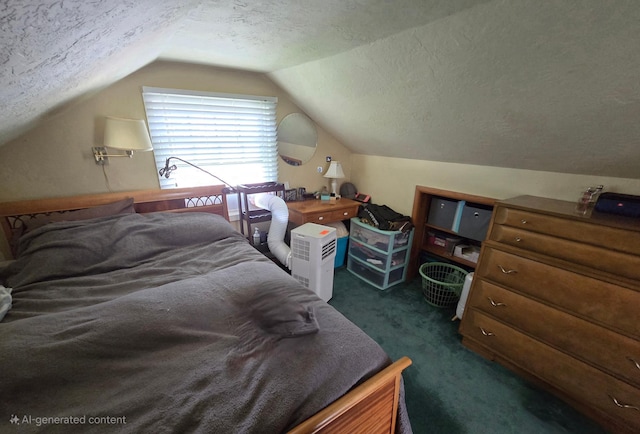 620 5th Ave SE, Pipestone, MN 56164 - bedroom featuring dark colored carpet, a textured ceiling, and vaulted ceiling