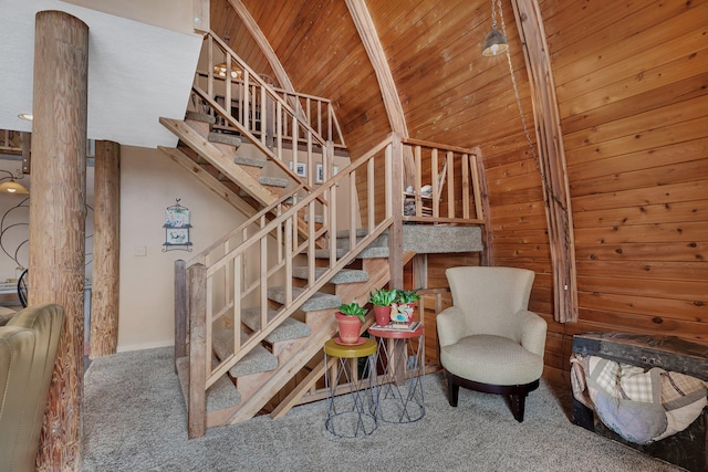 2917 Vonderheide Dr SW, Alexandria, MN 56308 - stairway with carpet, wooden ceiling, and wooden walls