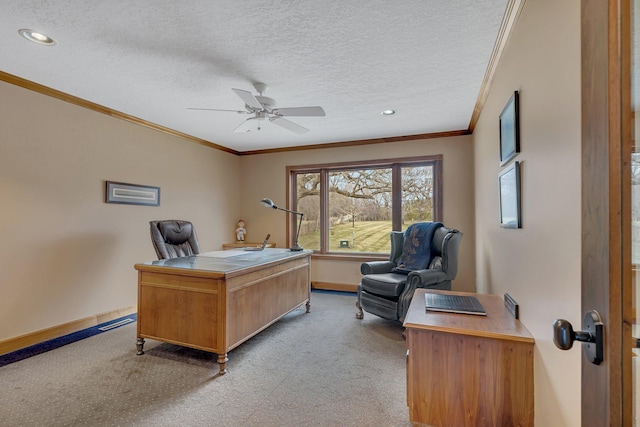 2917 Vonderheide Dr SW, Alexandria, MN 56308 - office area with crown molding, baseboards, light carpet, ceiling fan, and recessed lighting