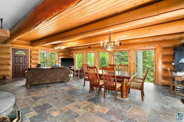 4015 Van Rd, Duluth, MN 55803 - dining area with a chandelier, healthy amount of natural light, wood ceiling, stone tile floors, and log walls