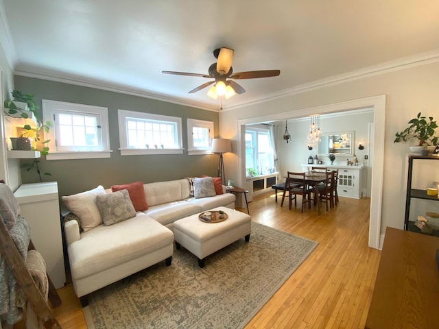 3112 Bryant Ave S Unit 1, Minneapolis, MN 55408 - living area with ceiling fan, crown molding, light wood-type flooring, and plenty of natural light