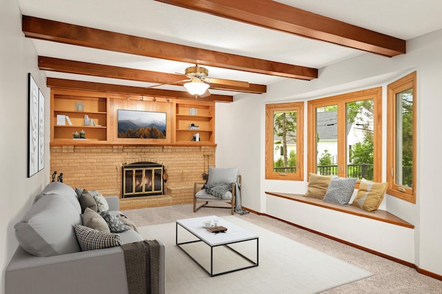 1624 Saint Croix Cir, Golden Valley, MN 55422 - carpeted living area featuring baseboards, a brick fireplace, and beam ceiling