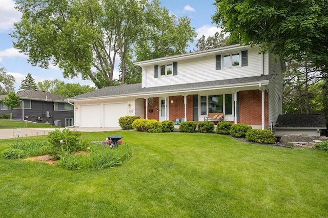1624 Saint Croix Cir, Golden Valley, MN 55422 - traditional-style house with a porch, a garage, a front lawn, concrete driveway, and brick siding