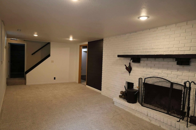 531 5th Street Ct E, West Fargo, ND 58078 - unfurnished living room featuring carpet floors, a brick fireplace, recessed lighting, and baseboards