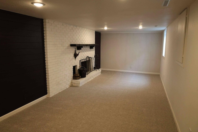 531 5th Street Ct E, West Fargo, ND 58078 - unfurnished living room featuring carpet, a brick fireplace, and baseboards