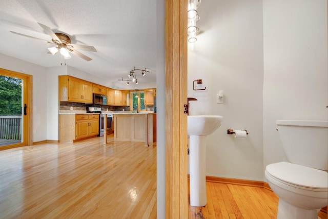 7811 209th St N, Forest Lake, MN 55025 - bathroom featuring wood finished floors, a ceiling fan, and tasteful backsplash