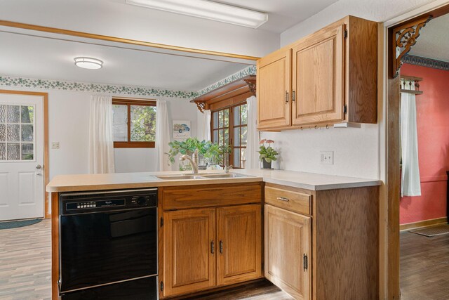 308 4th Ave SW, Austin, MN 55912 - kitchen with black dishwasher, a sink, a peninsula, light wood finished floors, and light countertops