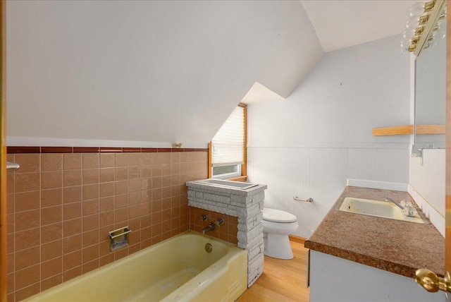 950 Clark St, Hammond, WI 54015 - full bath featuring toilet, vanity, a bath, vaulted ceiling, and wainscoting