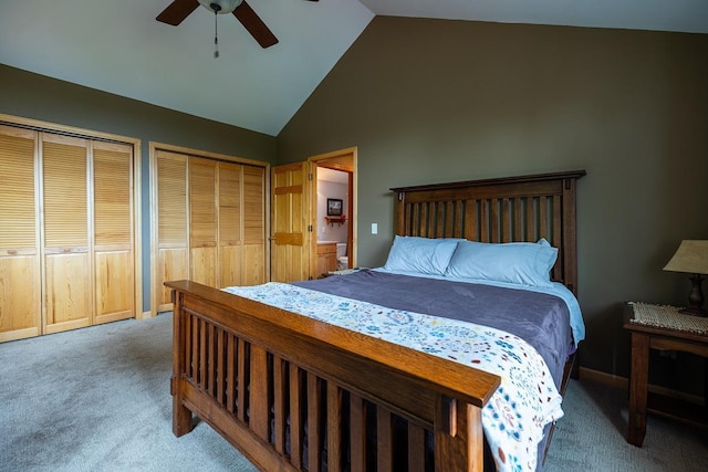 E2221 930th Ave, Stanton Twp, WI 54725 - carpeted bedroom with two closets, ceiling fan, and high vaulted ceiling