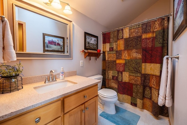 E2221 930th Ave, Stanton Twp, WI 54725 - bathroom featuring toilet, vanity, lofted ceiling, tile patterned floors, and curtained shower