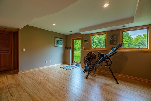 E2221 930th Ave, Stanton Twp, WI 54725 - workout room featuring baseboards, light wood-type flooring, and recessed lighting