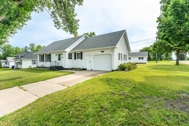 727 Peck St, Fergus Falls, MN 56537 - view of front facade with an attached garage, driveway, a chimney, roof with shingles, and a front lawn