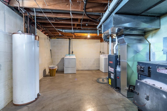 727 Peck St, Fergus Falls, MN 56537 - unfinished below grade area with water heater, washing machine and dryer, and concrete block wall