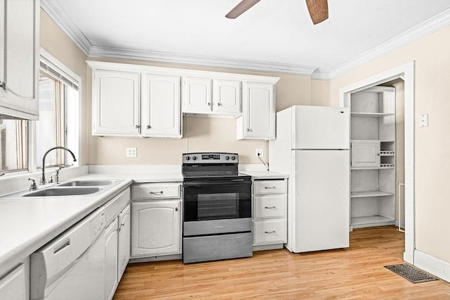 1040 86th Ave W, Duluth, MN 55808 - kitchen featuring white appliances, ornamental molding, a sink, ceiling fan, and light wood-style flooring