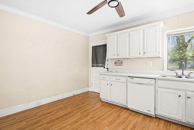1040 86th Ave W, Duluth, MN 55808 - kitchen featuring dishwasher, a sink, ceiling fan, white cabinetry, and ornamental molding