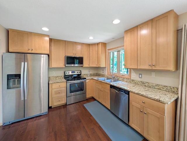 15142 75th Ave N, Maple Grove, MN 55311 - kitchen featuring appliances with stainless steel finishes, light brown cabinetry, a sink, dark wood-style floors, and recessed lighting