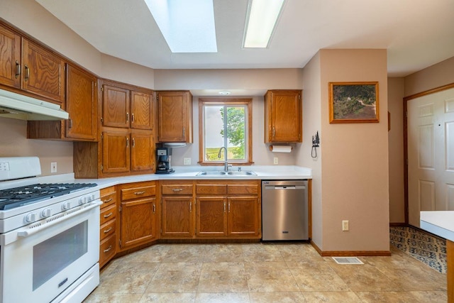 S363 Nicholes Rd, Naples Twp, WI 54755 - kitchen with white range with gas cooktop, dishwasher, a sink, under cabinet range hood, and brown cabinetry