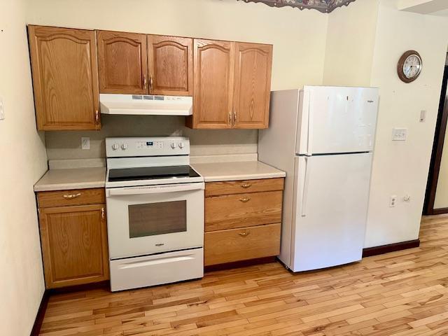 77729 330th St, Prior Twp, MN 56278 - kitchen featuring under cabinet range hood, white appliances, light countertops, light wood finished floors, and baseboards