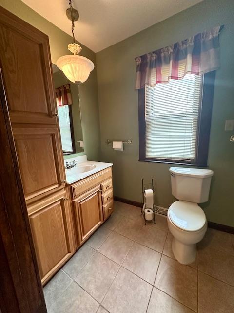 77729 330th St, Prior Twp, MN 56278 - bathroom featuring vanity, baseboards, toilet, and tile patterned flooring