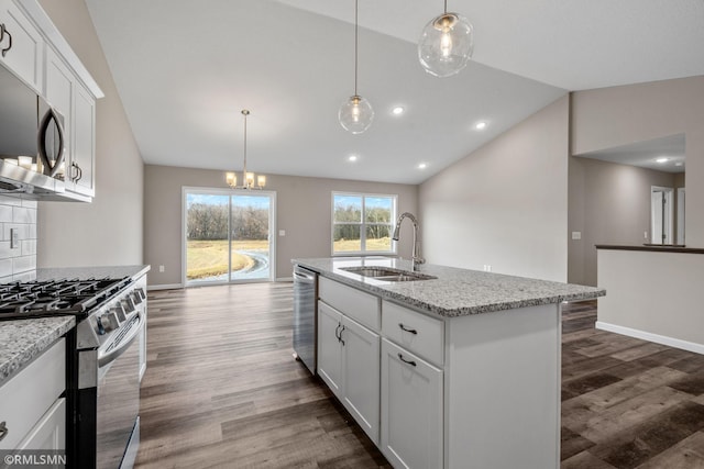 1009 2nd St NW, Delano, MN 55328 - kitchen with appliances with stainless steel finishes, vaulted ceiling, a sink, dark wood-type flooring, and light stone counters