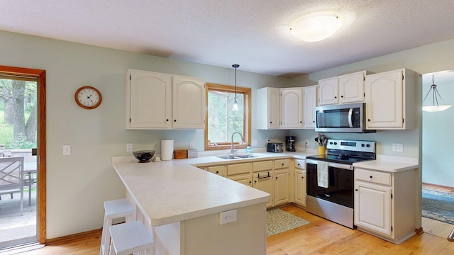 5121 Cameron Dr NW, Cascade Twp, MN 55901 - kitchen featuring appliances with stainless steel finishes, a sink, a peninsula, light wood-style floors, and pendant lighting
