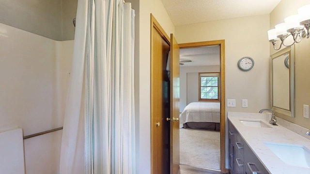 5121 Cameron Dr NW, Cascade Twp, MN 55901 - ensuite bathroom with double vanity, a textured ceiling, and wood finished floors