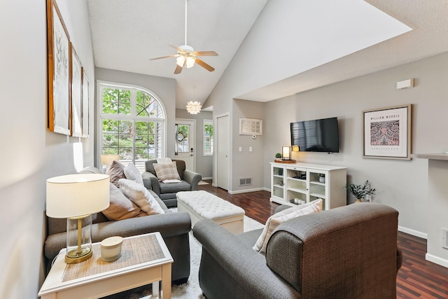 11219 16th St NE, Saint Michael, MN 55376 - living room with ceiling fan, baseboards, wood finished floors, and high vaulted ceiling