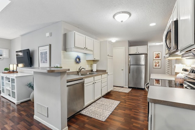 11219 16th St NE, Saint Michael, MN 55376 - kitchen with stainless steel appliances, a sink, dark wood-type flooring, a textured ceiling, and tasteful backsplash