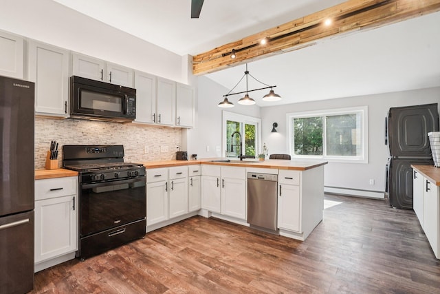 491 Belvidere St E, Saint Paul, MN 55107 - kitchen with black appliances, butcher block countertops, a sink, and a baseboard radiator
