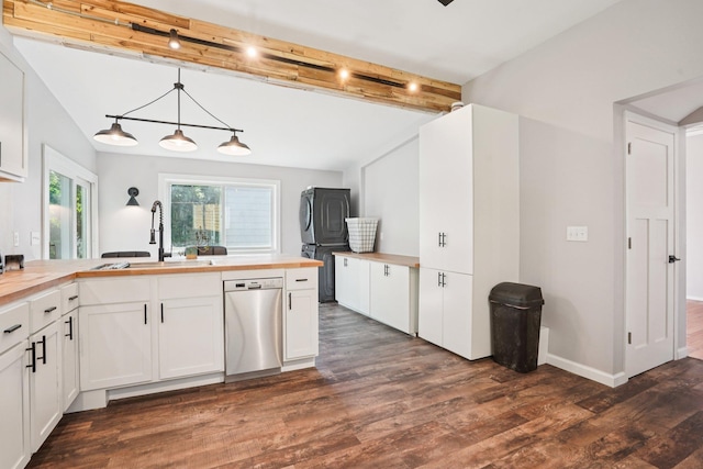 491 Belvidere St E, Saint Paul, MN 55107 - kitchen featuring dishwasher, stacked washer / drying machine, butcher block counters, a sink, and white cabinets