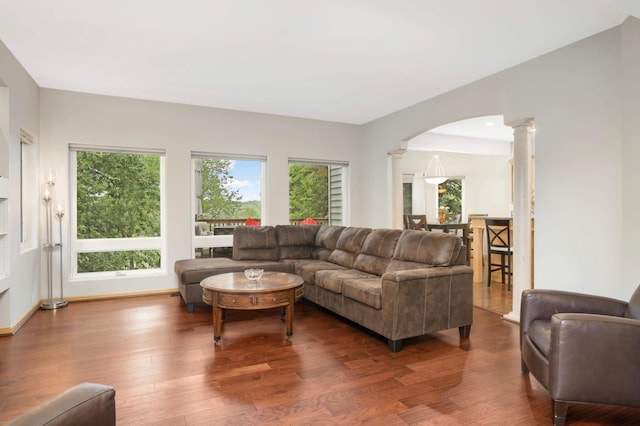 6242 Cavendish Pl, Eden Prairie, MN 55346 - living area with ornate columns, wood finished floors, and arched walkways