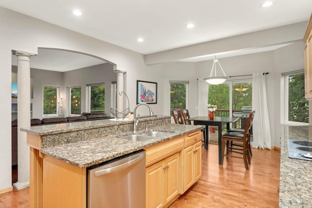 6242 Cavendish Pl, Eden Prairie, MN 55346 - kitchen with dishwasher, decorative columns, light brown cabinets, plenty of natural light, and recessed lighting