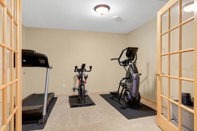 6242 Cavendish Pl, Eden Prairie, MN 55346 - workout area featuring french doors, carpet flooring, and a textured ceiling