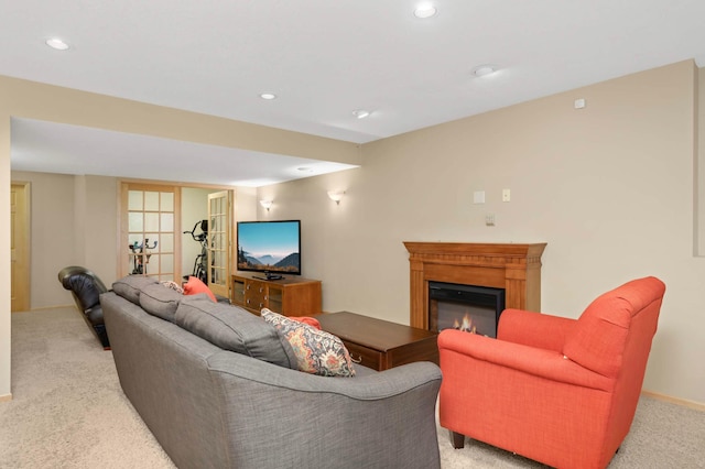 6242 Cavendish Pl, Eden Prairie, MN 55346 - living room featuring light carpet, a glass covered fireplace, and recessed lighting