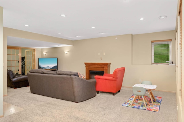 6242 Cavendish Pl, Eden Prairie, MN 55346 - living room with carpet flooring, a glass covered fireplace, and recessed lighting