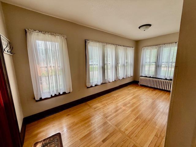 105 Oak St N, Mabel, MN 55954 - unfurnished room featuring radiator heating unit, plenty of natural light, light wood-style flooring, and baseboards