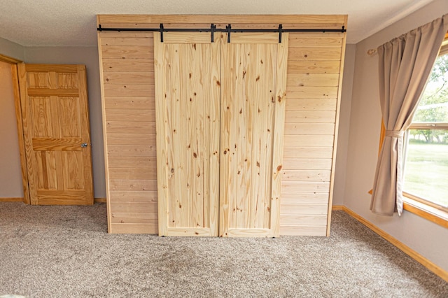 17366 Ryan Dr NE, Osakis, MN 56360 - unfurnished bedroom featuring carpet flooring, a barn door, and baseboards