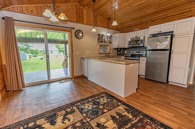 17366 Ryan Dr NE, Osakis, MN 56360 - kitchen with appliances with stainless steel finishes, a chandelier, wooden ceiling, a peninsula, and white cabinets