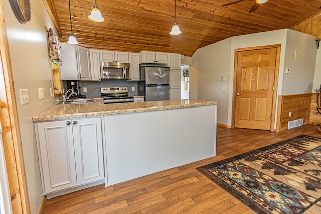 17366 Ryan Dr NE, Osakis, MN 56360 - kitchen featuring appliances with stainless steel finishes, a sink, lofted ceiling, wooden ceiling, and a peninsula