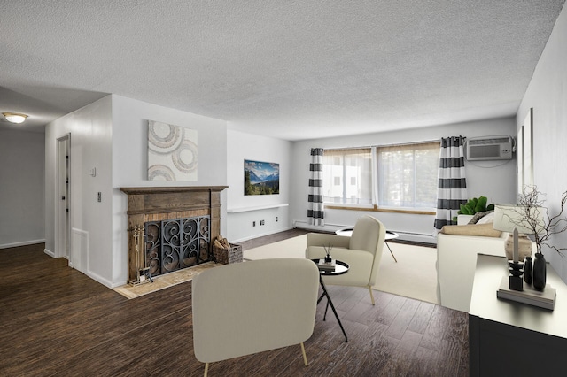 10311 Cedar Lake Rd Unit 202, Minnetonka, MN 55305 - living room with wood finished floors, a wall mounted AC, a textured ceiling, a fireplace with flush hearth, and a baseboard heating unit