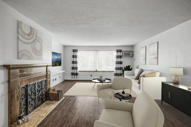 10311 Cedar Lake Rd Unit 202, Minnetonka, MN 55305 - living room with a fireplace, wood finished floors, a textured ceiling, and an AC wall unit